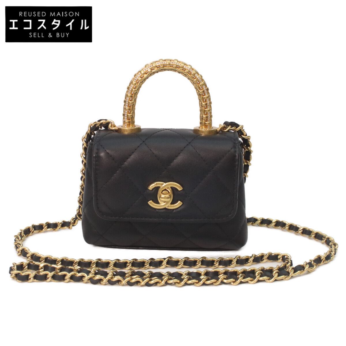 CHANEL シャネル AP4245 黒 ラムスキン ゴールドトップハンドル フラップバッグ マイクロ ココハンドル