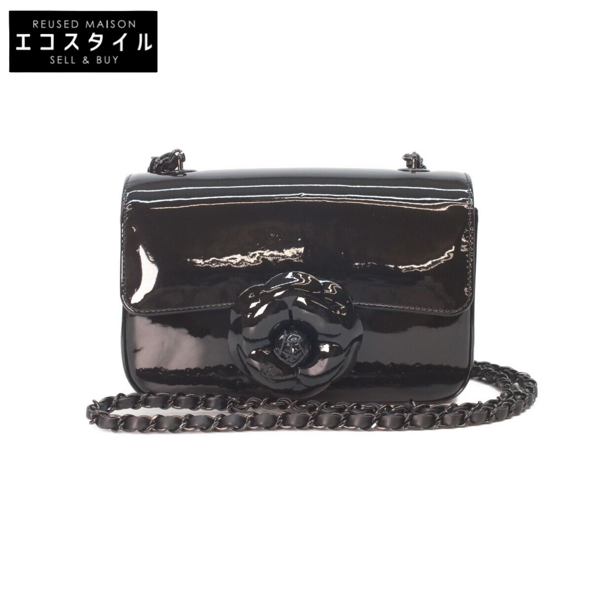 CHANEL シャネル AS4388 ソーブラック シングルフラップ パテント カメリア スモールチェーンバッグ 美品