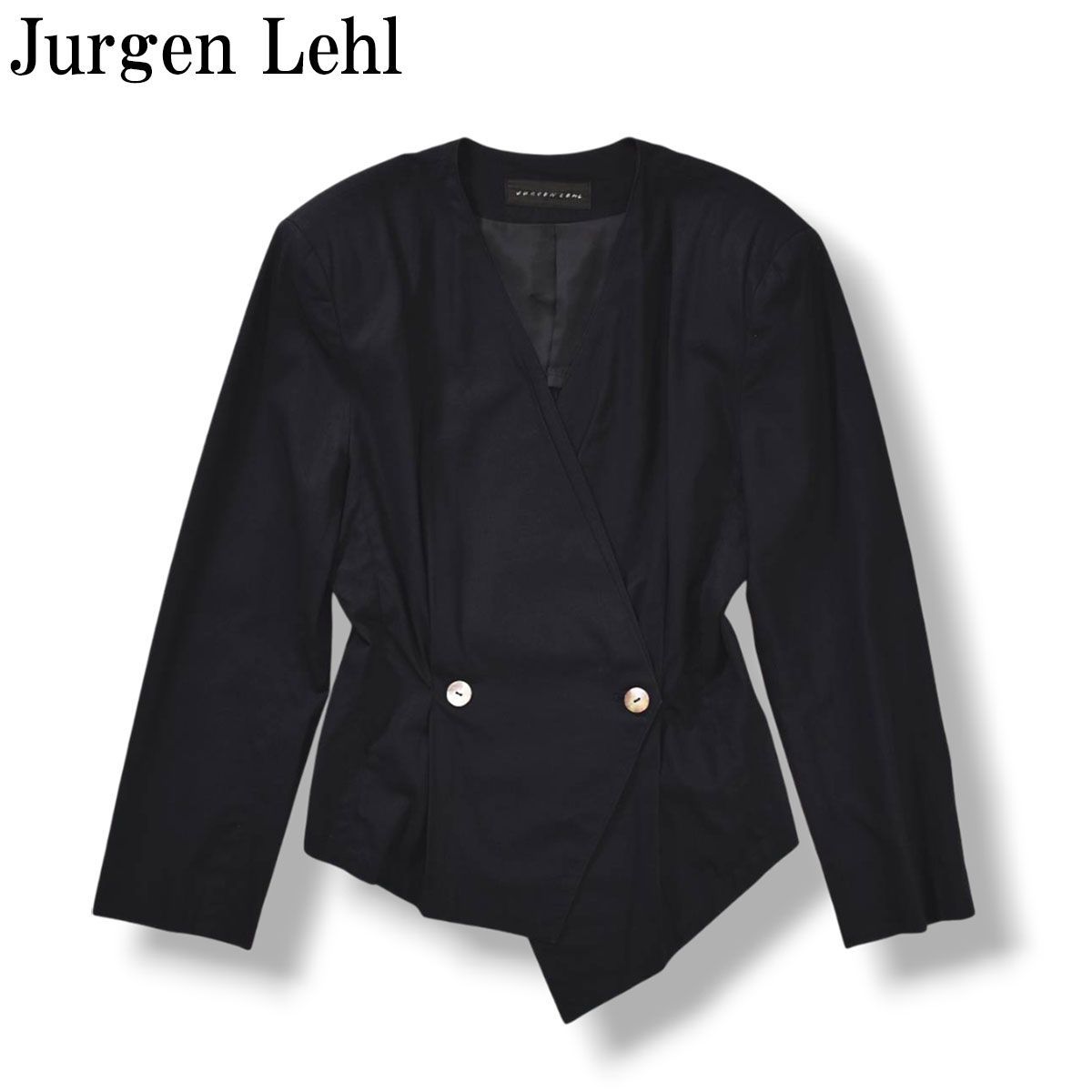 ヨーガンレール Jurgen Lehl コットン ノーカラージャケット カシュクール 変形 シェルボタン 春夏 M ブラック レディース ♪