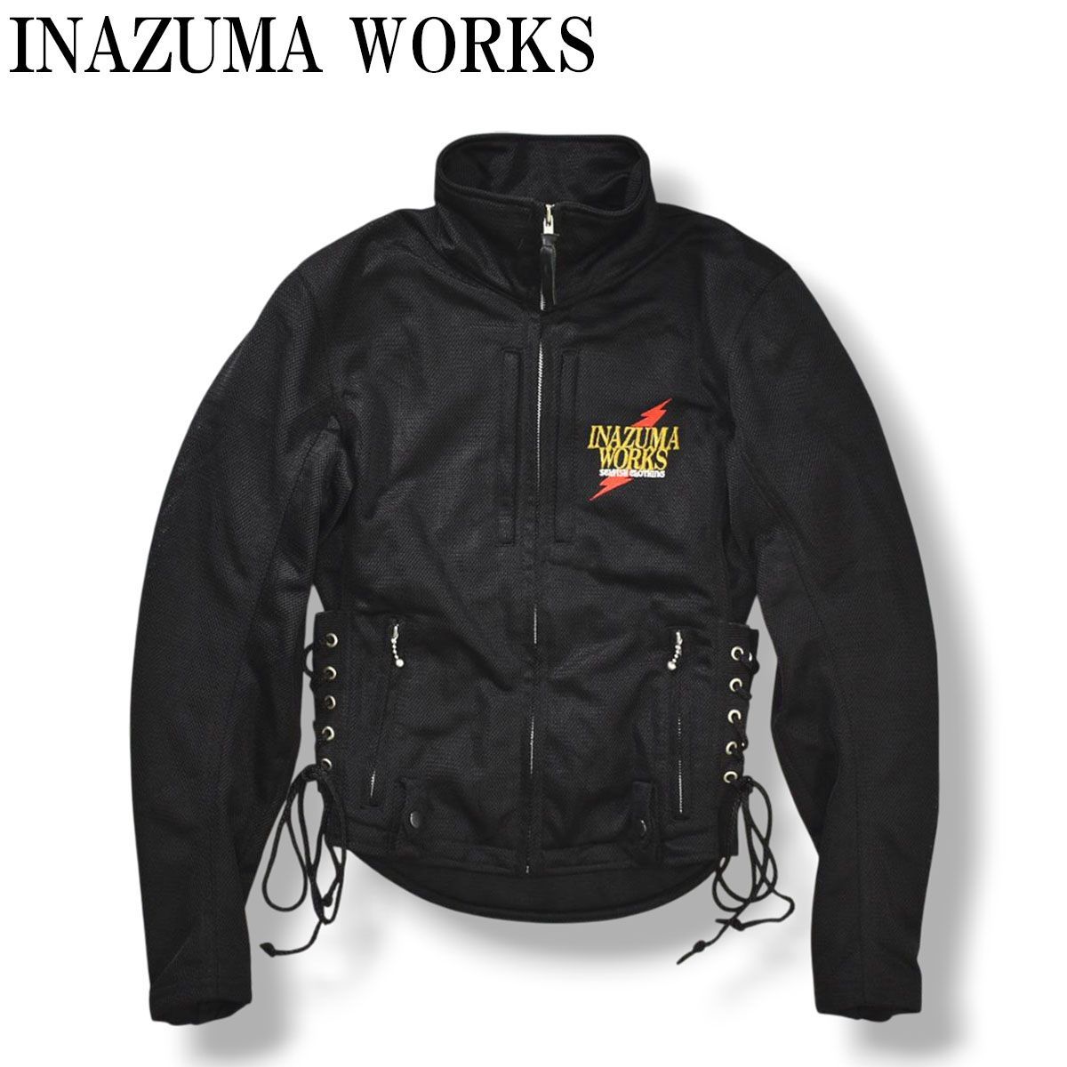 【刺繍ロゴ】 イナズマワークス INAZUMA WORKS プロテクター付き メッシュ ライダースジャケット バイク ライディング ツーリング アウター M ブラック メンズ