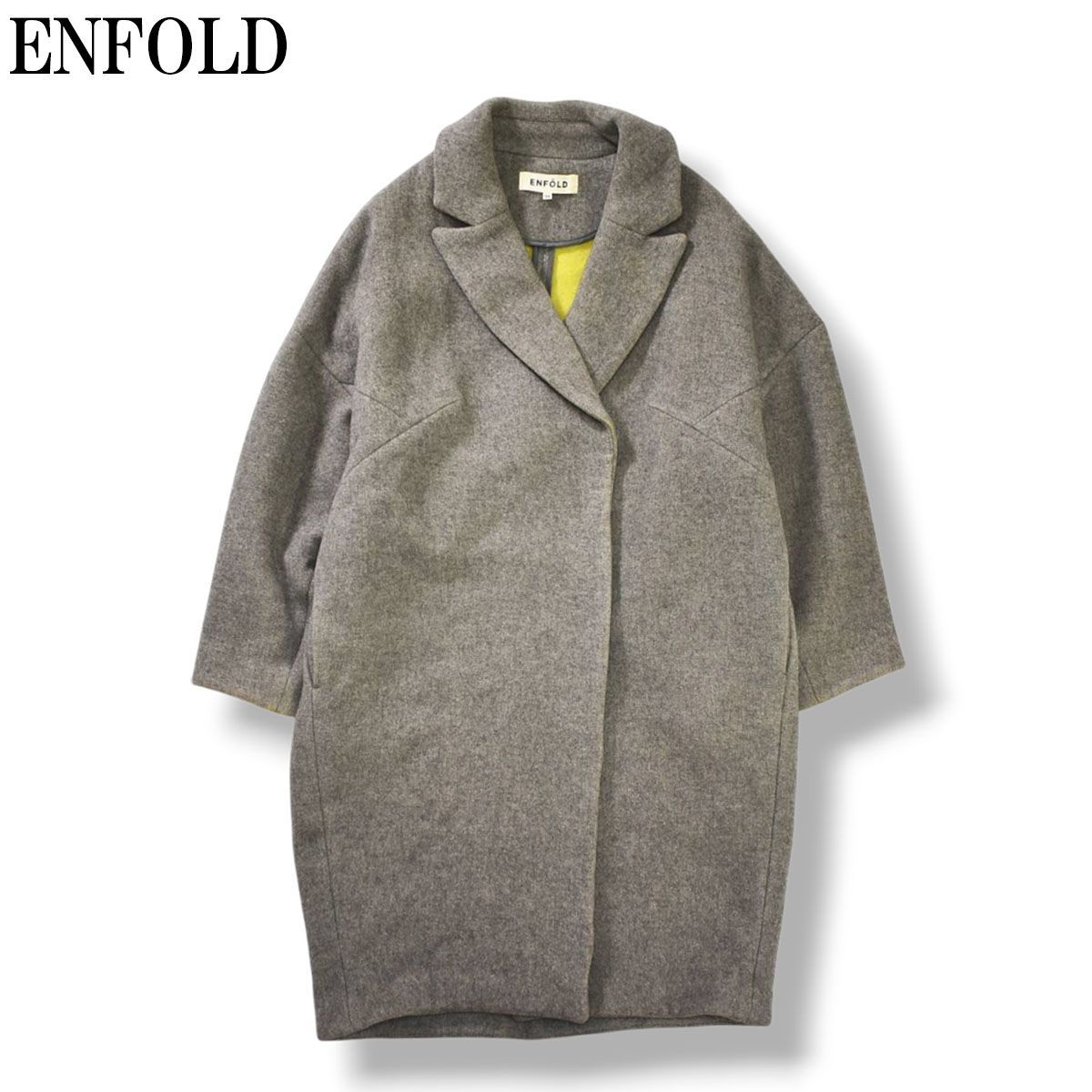 【富岡佳子さん着用】 エンフォルド ENFOLD ウール リバーコート チェスターコート ロング コクーンシルエット 36 グレー レディース ♪