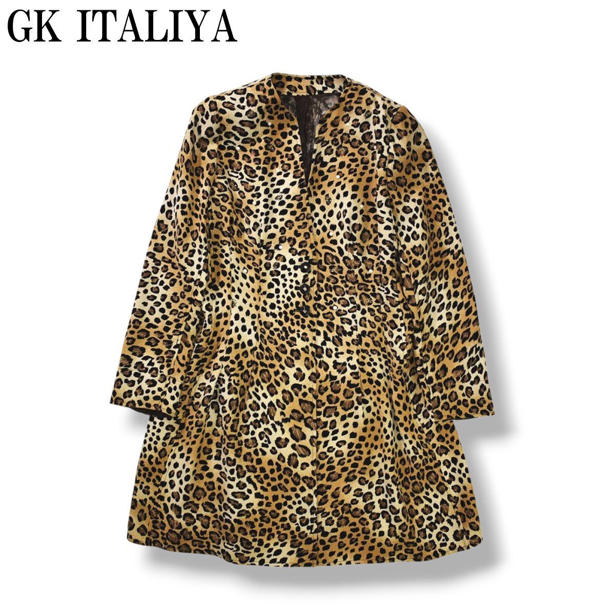 【美品】 日本製 伊太利屋 GK ITALIYA イタリヤ レオパード柄 ノーカラー ロングジャケット ビジューデザイン 羽織り ヒョウ柄 近年モデル 13 レディース ♪