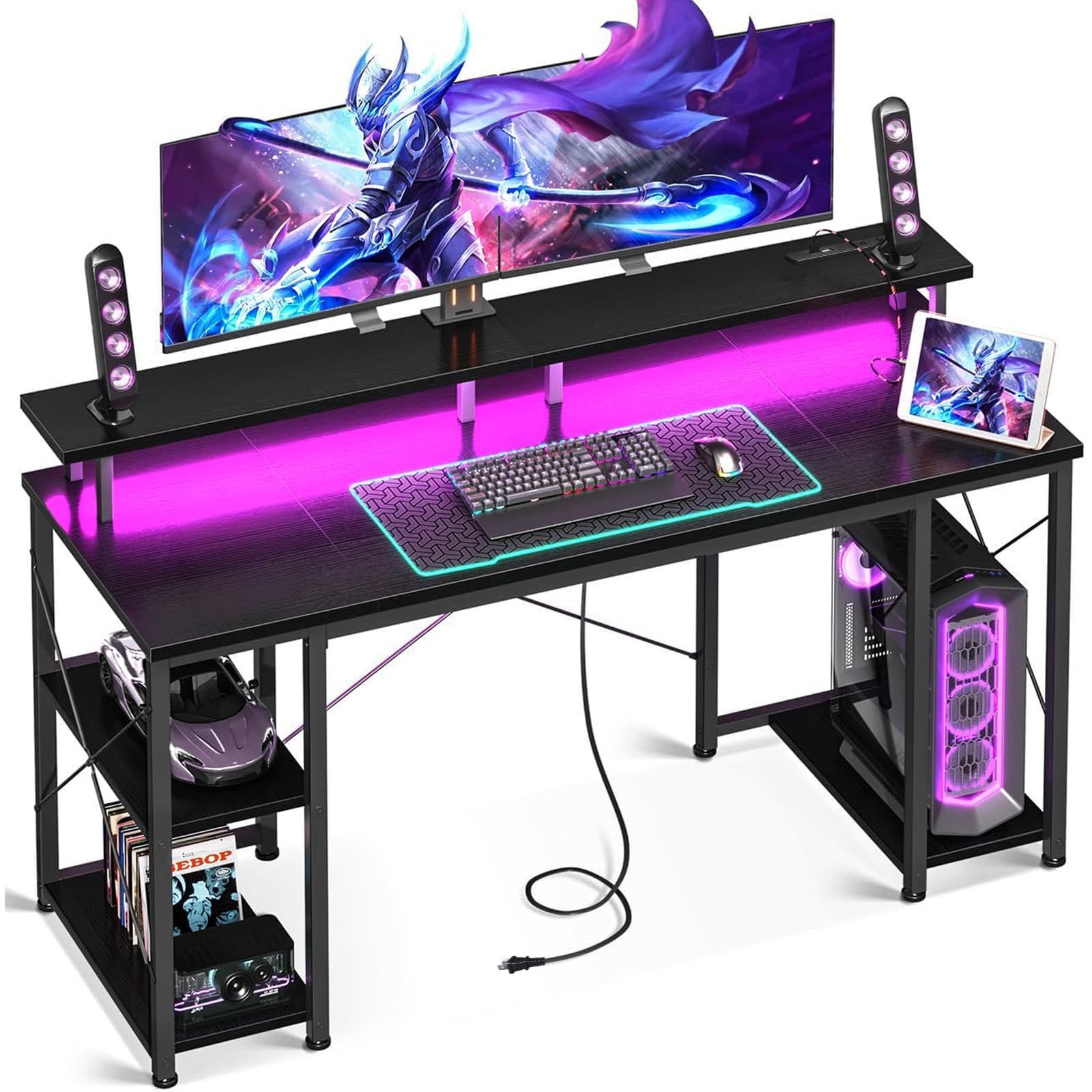 AODK ゲーミングデスク パソコンデスク コンセント&LED付き 机 pcデスク 幅140cm 両側ラック&モニター台付き 勉強机 ゲームデスク computer desk ワークデスク オフィスデスク 長机 左右入れ替え対応 ブラックｍａ