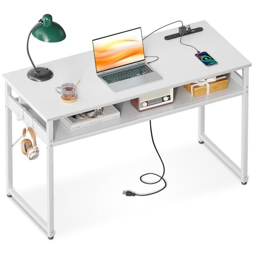 ODK 机 pcデスク パソコンデスク 幅100cm ゲーミングデスク 収納付き コンセント付き 勉強机 computer desk ?子 ワークデスク ??? フック2個付き コンパクト テレワーク用 省スペース 組立簡単 白いｍａ