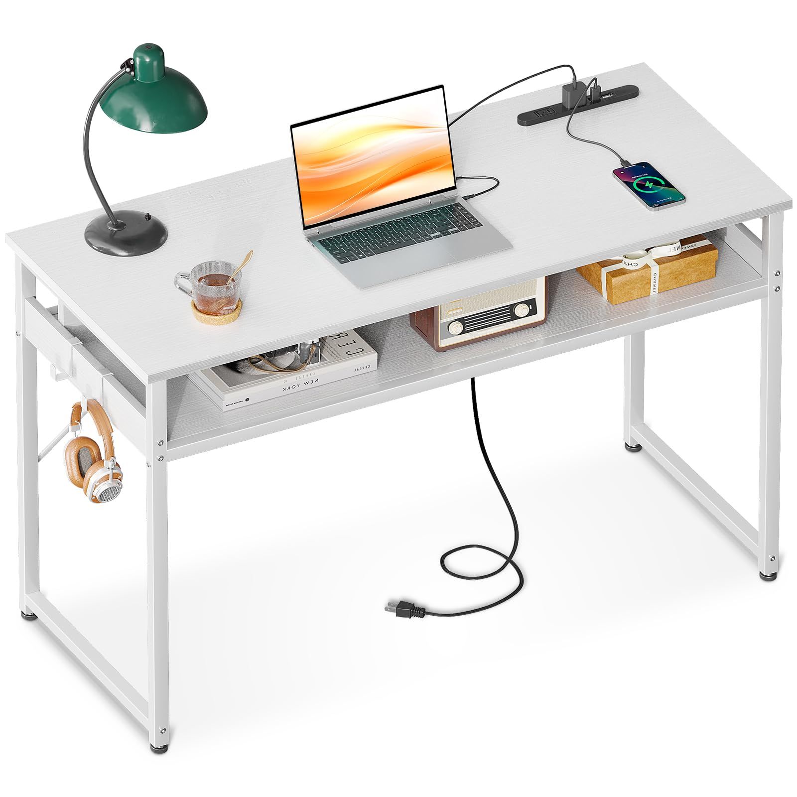 ODK 机 pcデスク パソコンデスク 幅100cm ゲーミングデスク 収納付き コンセント付き 勉強机 computer desk ?子 ワークデスク ??? フック2個付き コンパクト テレワーク用 省スペース 組立簡単 白いｍａ