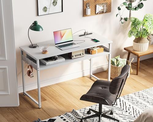 ODK 机 pcデスク パソコンデスク 幅100cm ゲーミングデスク 収納付き コンセント付き 勉強机 computer desk ?子 ワークデスク ??? フック2個付き コンパクト テレワーク用 省スペース 組立簡単 白いｍａ