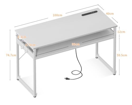 ODK 机 pcデスク パソコンデスク 幅100cm ゲーミングデスク 収納付き コンセント付き 勉強机 computer desk ?子 ワークデスク ??? フック2個付き コンパクト テレワーク用 省スペース 組立簡単 白いｍａ