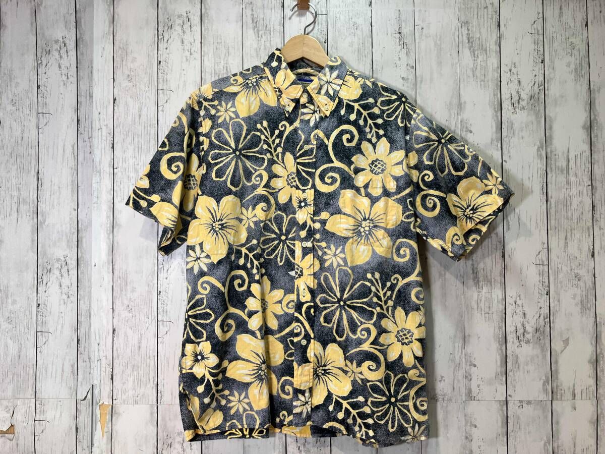 reyn spooner ハイビスカス アロハシャツ イエローxグレー M