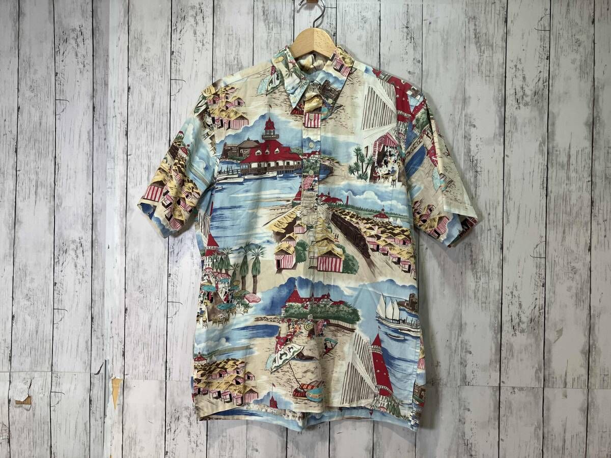 reyn spooner アロハシャツ ボタンダウンスキッパーシャツ ベージュ系ビーチ柄 M