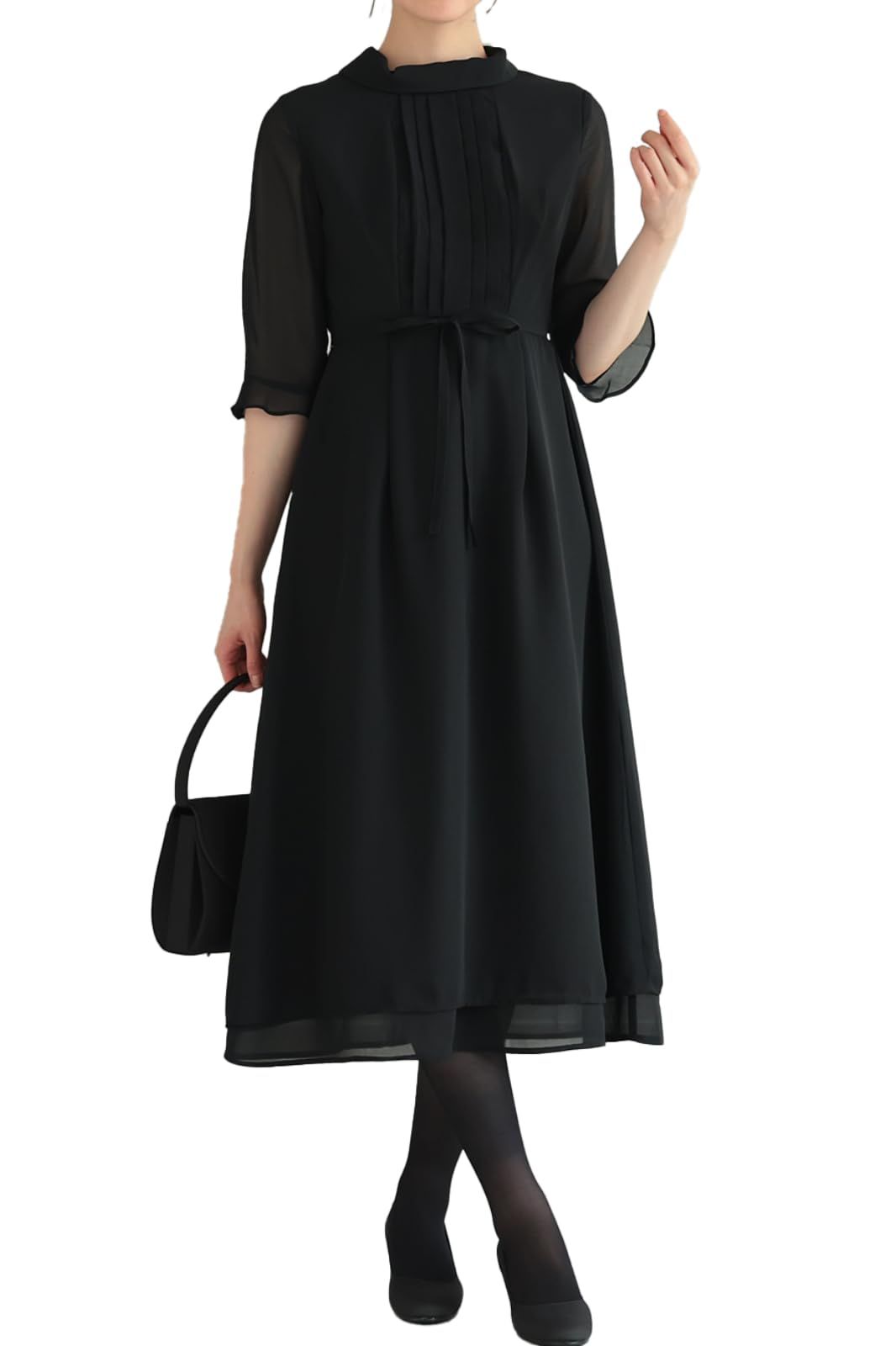[MORE AUNI] ブラックフォーマル レディース ワンピース ドレス 五分袖 喪服 スカート 礼服 春 夏 服 秋 冬 大人 オトナ キレイメ カワイイ 可愛い シフォン ブラック ホルター ネック ワンピ 黒 フ [ブラック / 322188] [L]