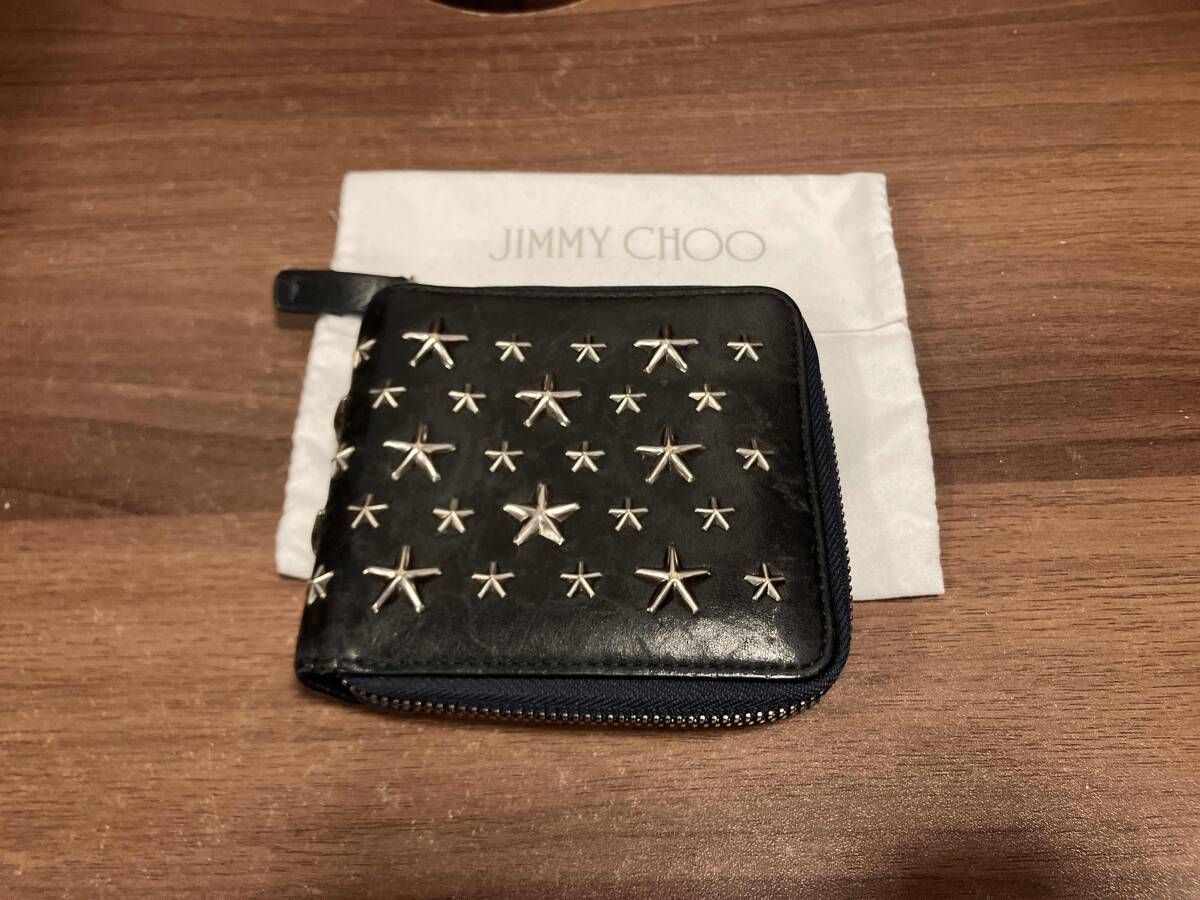 JIMMY CHOO ジミーチュウ 二つ折り財布 スター スターズ ブラック 角割れ スレ ラウンドファスナー 星 保存袋あり