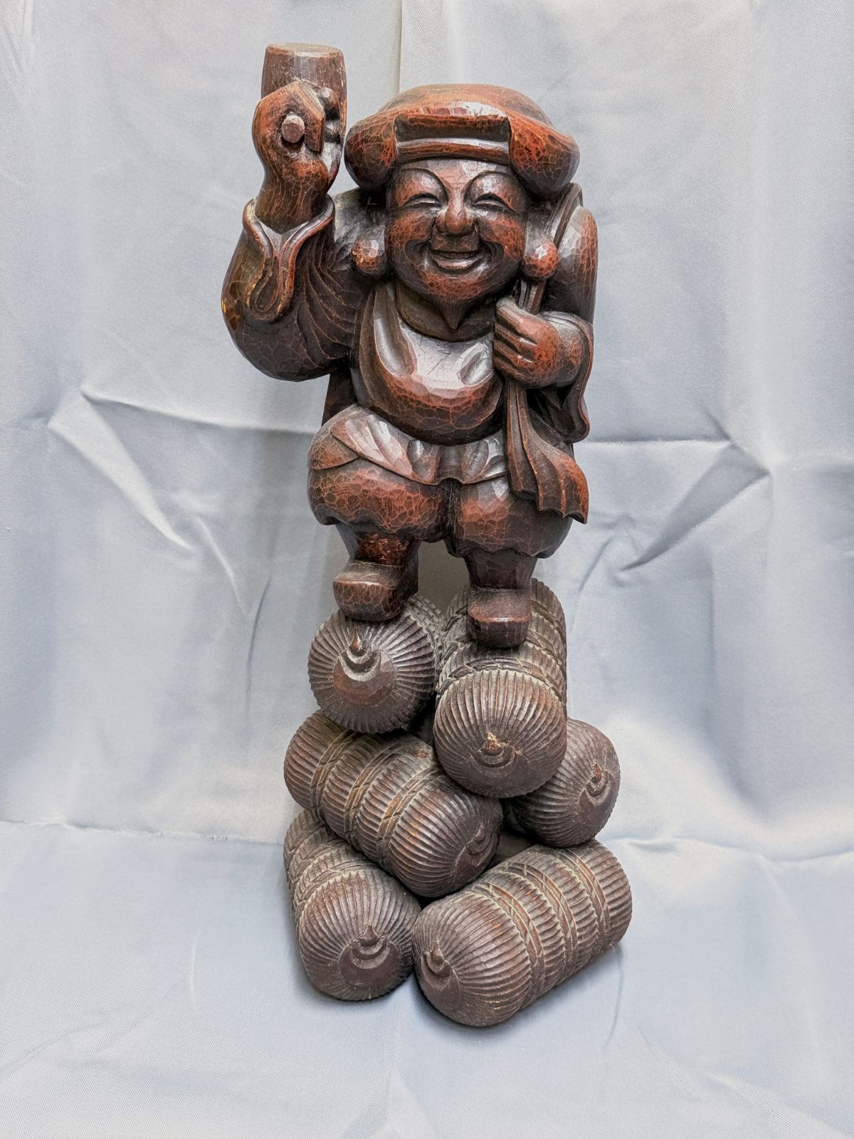 DM3 特大 木彫り 布袋尊 大黒天 七福神 置物 縁起物 オブジェ 木製 飾り 和風 木工 工芸品 50cm