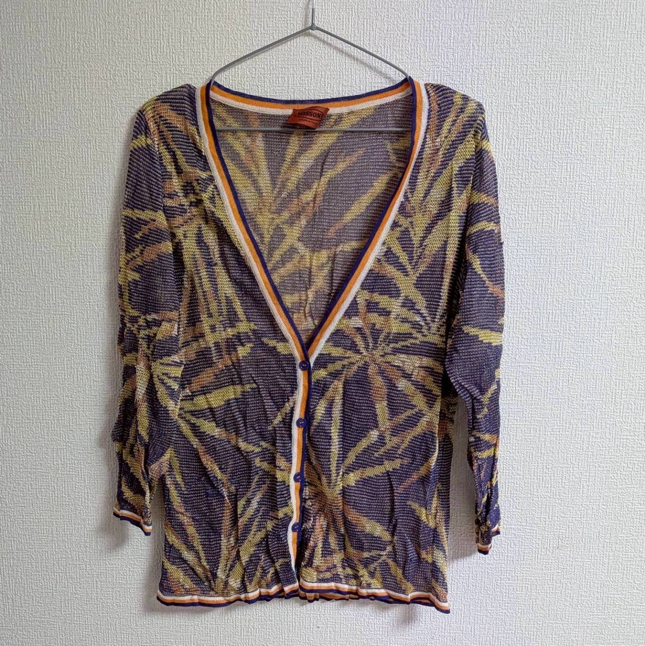 【良品】ミッソーニ MISSONI 総柄ニットカーディガン レーヨン 長袖 サイズ46 イタリア製