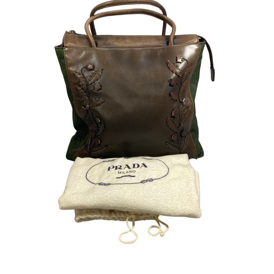 Prada B6147 flower motif tote bag leather x nylon combination brown x khaki PRADA [AFE1]