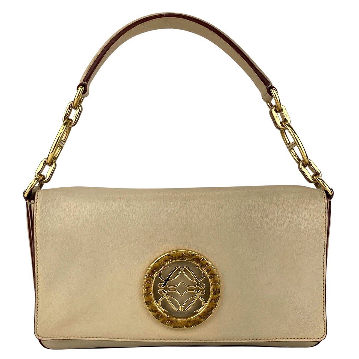 LOEWE ロエベ マイア アナグラム プレート付き ショルダーバッグ レディース レザー ベージュ 中古 59,400円
