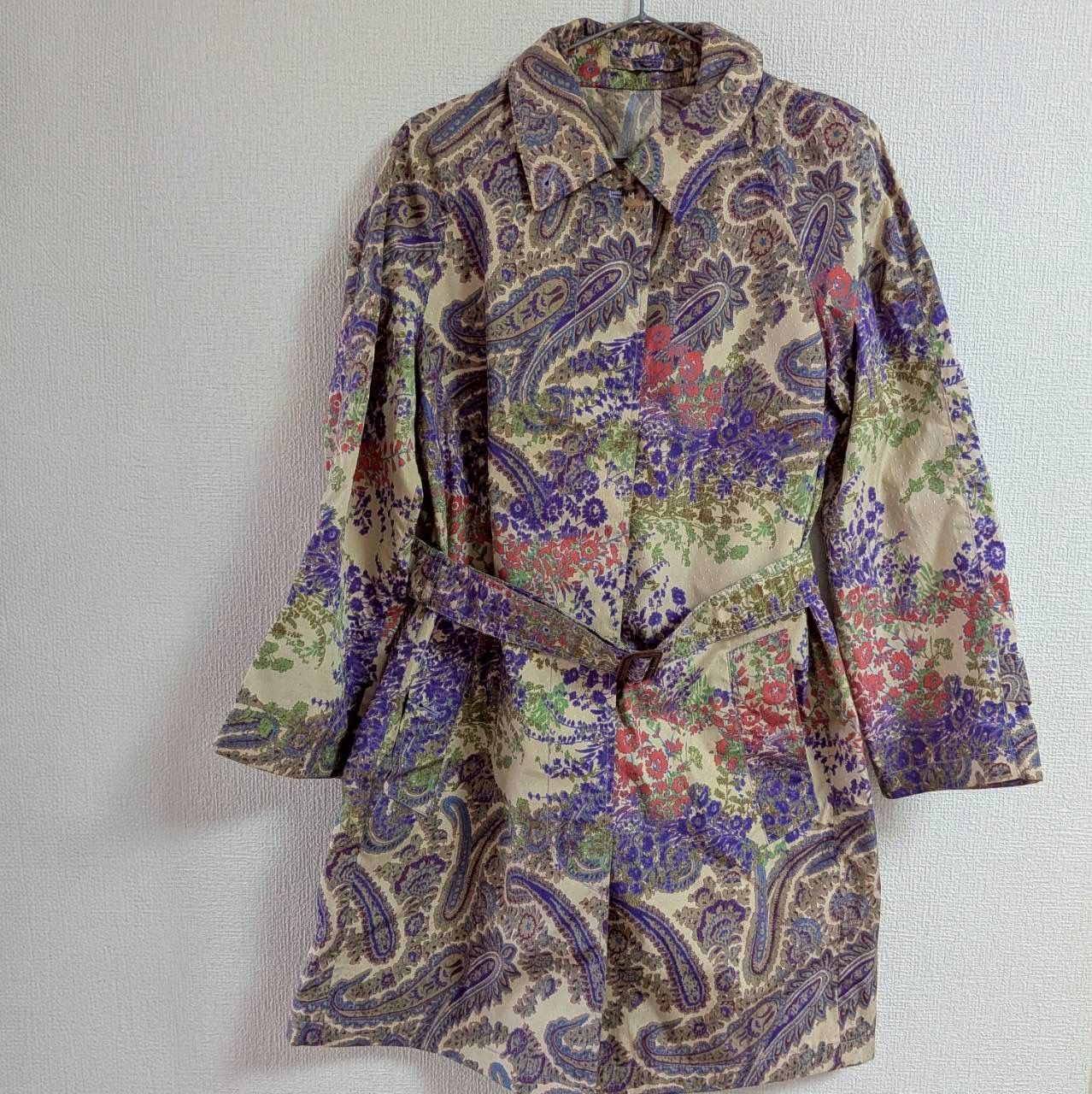 【良品】ETRO エトロ ペイズリー柄 ベルト付き ステンカラーコート イタリア製 44 レディース