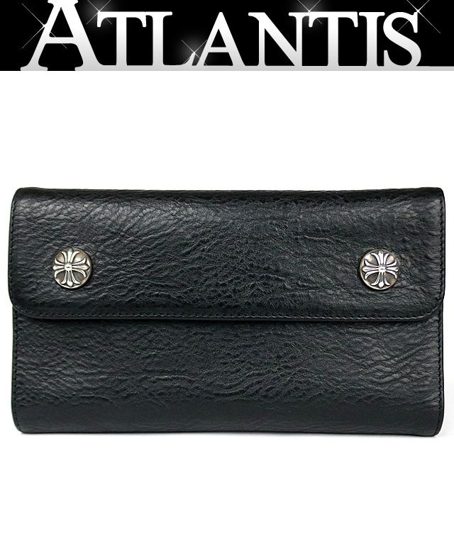 CHROME HEARTS 新宿店 クロムハーツ 未使用 ウェーブ ウォレット クロスボタン 三つ折り財布 メンズ レザー SV925 黒 30858