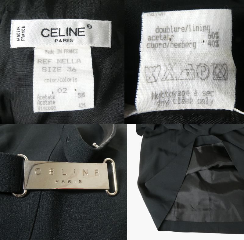 CELINE セリーヌ オールド ベルト付き テーラード ワンピース ドレス 膝丈 オープンカラー 半袖 メタルプレート ウエストベルト ロゴ アセテート×レーヨン フランス製 ブラック サイズ36 レディース