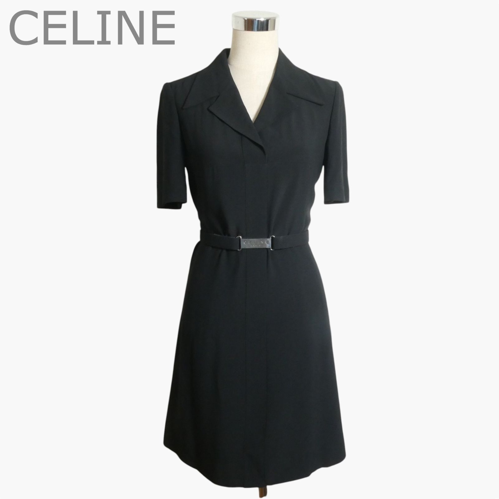 CELINE セリーヌ オールド ベルト付き テーラード ワンピース ドレス 膝丈 オープンカラー 半袖 メタルプレート ウエストベルト ロゴ アセテート×レーヨン フランス製 ブラック サイズ36 レディース