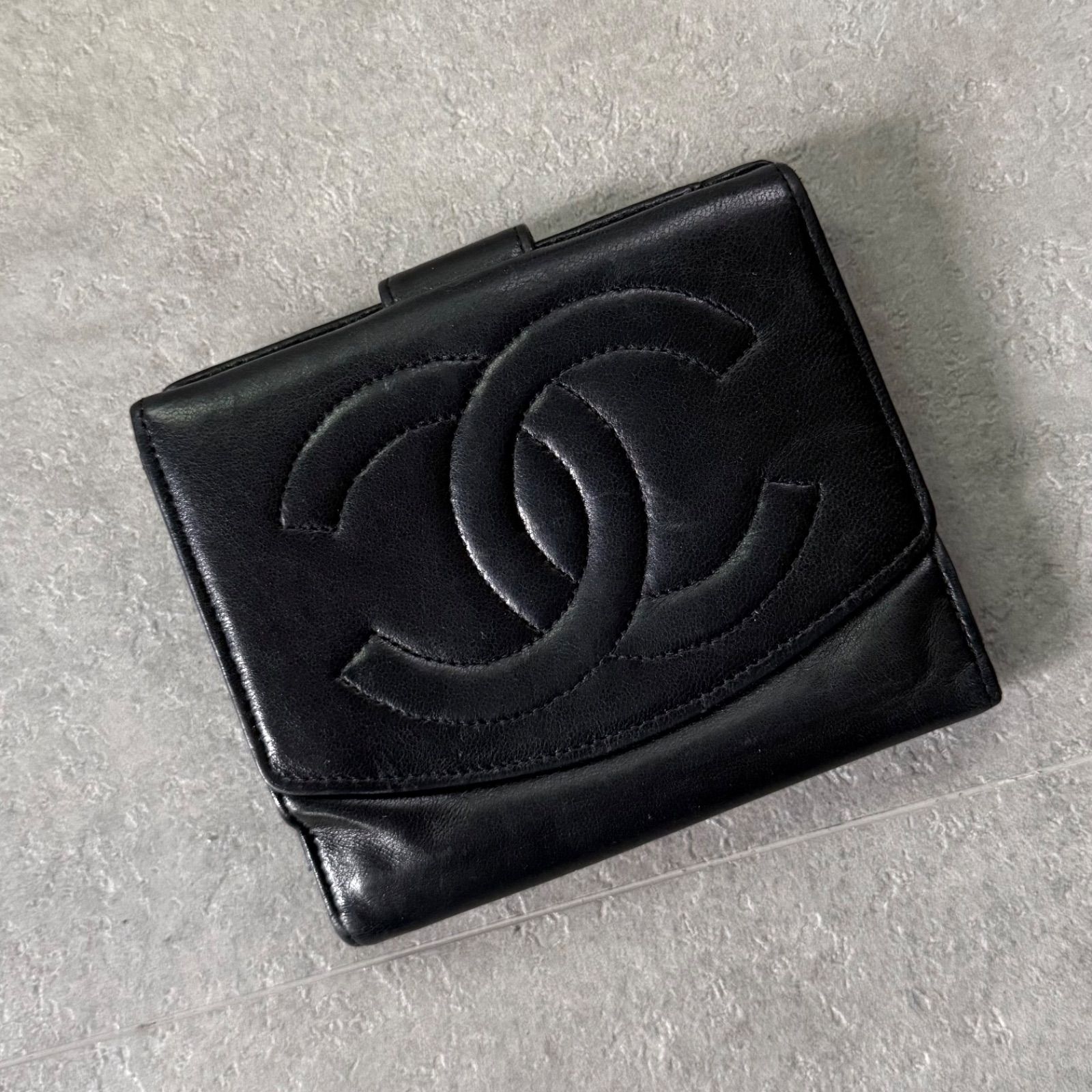 CHANEL シャネル タイムレスCC 二つ折り財布 ウォレット ココマーク デカココ ラムレザー 黒 ブラック wホック