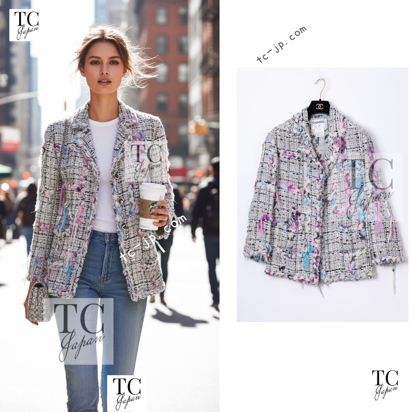 シャネル ジャケット CHANEL ホワイト グレー グラフィティ ロゴ 春夏 サマー ツイード カール・ラガーフェルド作品 貴重 超美品 38 40 42 530,000円