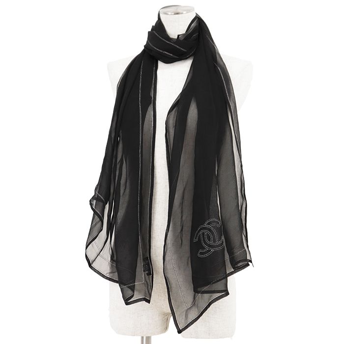 SALE【美品】CHANEL シャネル スカーフ COCOマーク シルク100％ 小物 ブラック シルバー 黒 メンズ レディース ユニセックス イタリア製