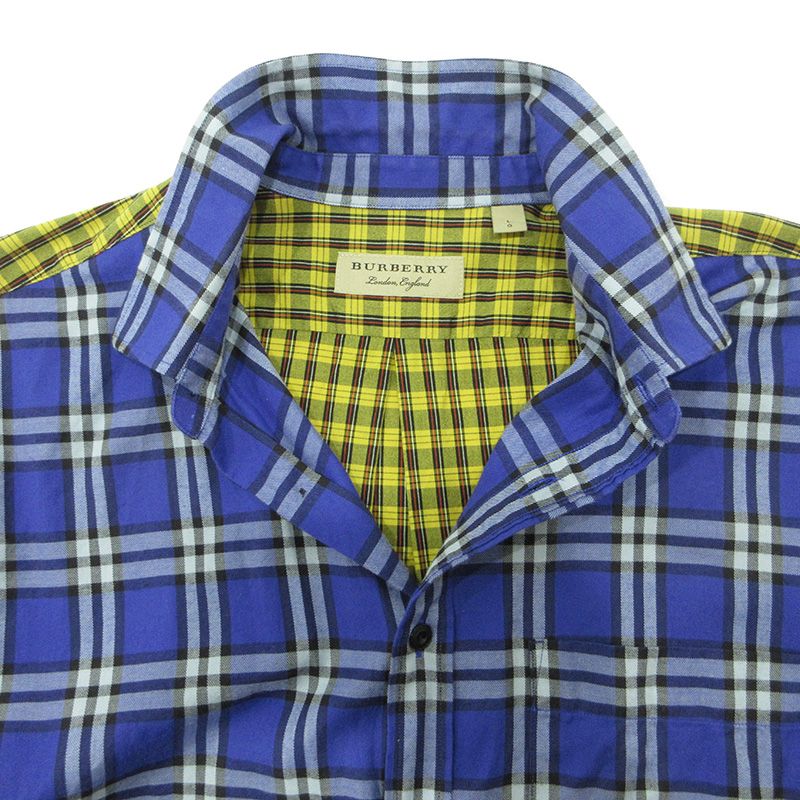 【三重本店】 中古 BURBERRY London England | バーバリーロンドンイングランド クレイジーパターンチェックシャツ 総柄切替え長袖シャ 8002553 ブルー×イエロー×ベージュ マルチカラー サイズ：L 【108】