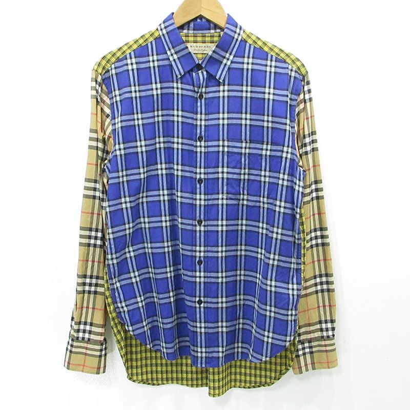 【三重本店】 中古 BURBERRY London England | バーバリーロンドンイングランド クレイジーパターンチェックシャツ 総柄切替え長袖シャ 8002553 ブルー×イエロー×ベージュ マルチカラー サイズ：L 【108】