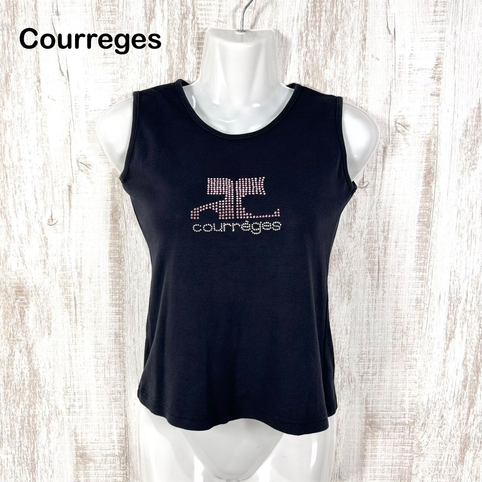00s Courreges クレージュ ロゴラインストーン タンクトップ ブラック ピンク y2k 平成ギャル