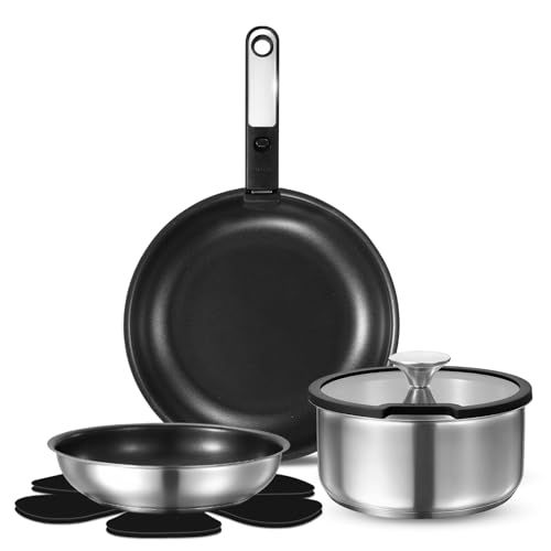 【新品】CAROTE カローテ フライパン セット 7点 ステンレス IH?ガス火対応 食洗機対応 PFOAなどの有害物質不使用 プロ仕様 六層構造 高級感 軽量 長持ち 取っ手のとれる チタンコート スルスルすべる くっつきにくい 鍋セット a7ed1188