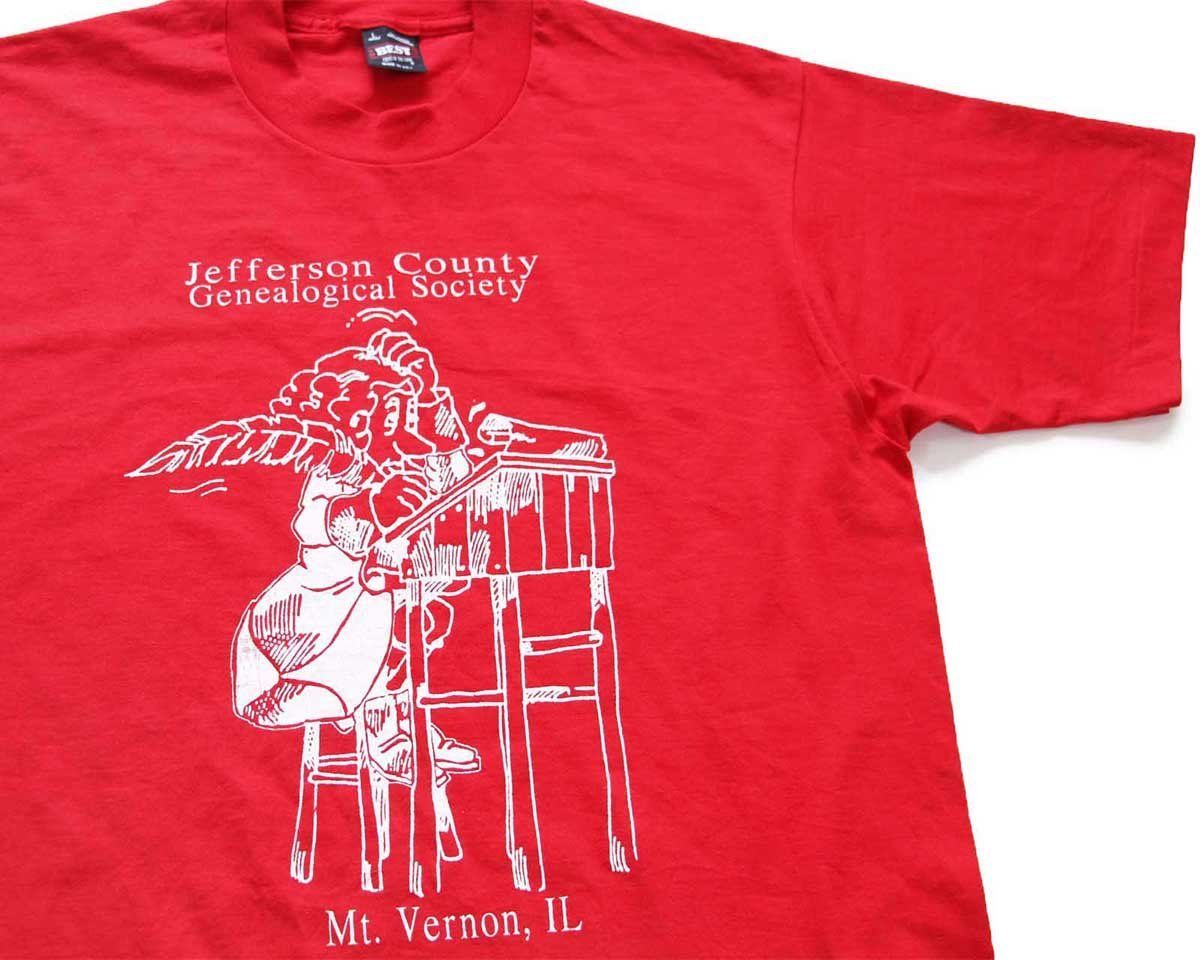 デッドストック★90s USA製 Jefferson County Genealogical Society アート Tシャツ 赤 L★オールド ビンテージ イラスト レッド