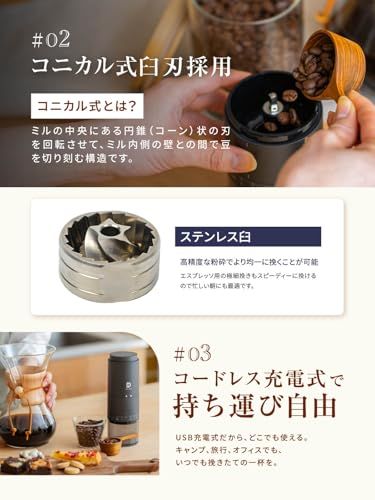 【上質な一杯を求めるなら】Delimo 電動コーヒーミル コードレス 臼式 ステンレス臼 USB 充電式 水洗い可能 コーヒーグラインダー コニカル式 【エスプレッソ対応】【39段階粒度調整】【メーカー一年】★m 922f2fc2