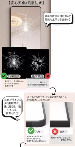 姿見鏡 全身鏡 ミラー スタンド鏡 完成品 壁掛けミラー スタンド鏡 幅34×高さ146cm 立てかけミラー 壁掛け 飛散防止 スタンドミラー かがみ 折りたたみ 自立 軽量 薄型 アルミ合金 大型 おしゃれ 地震対策 (ホワイト,146*3 47f32faf
