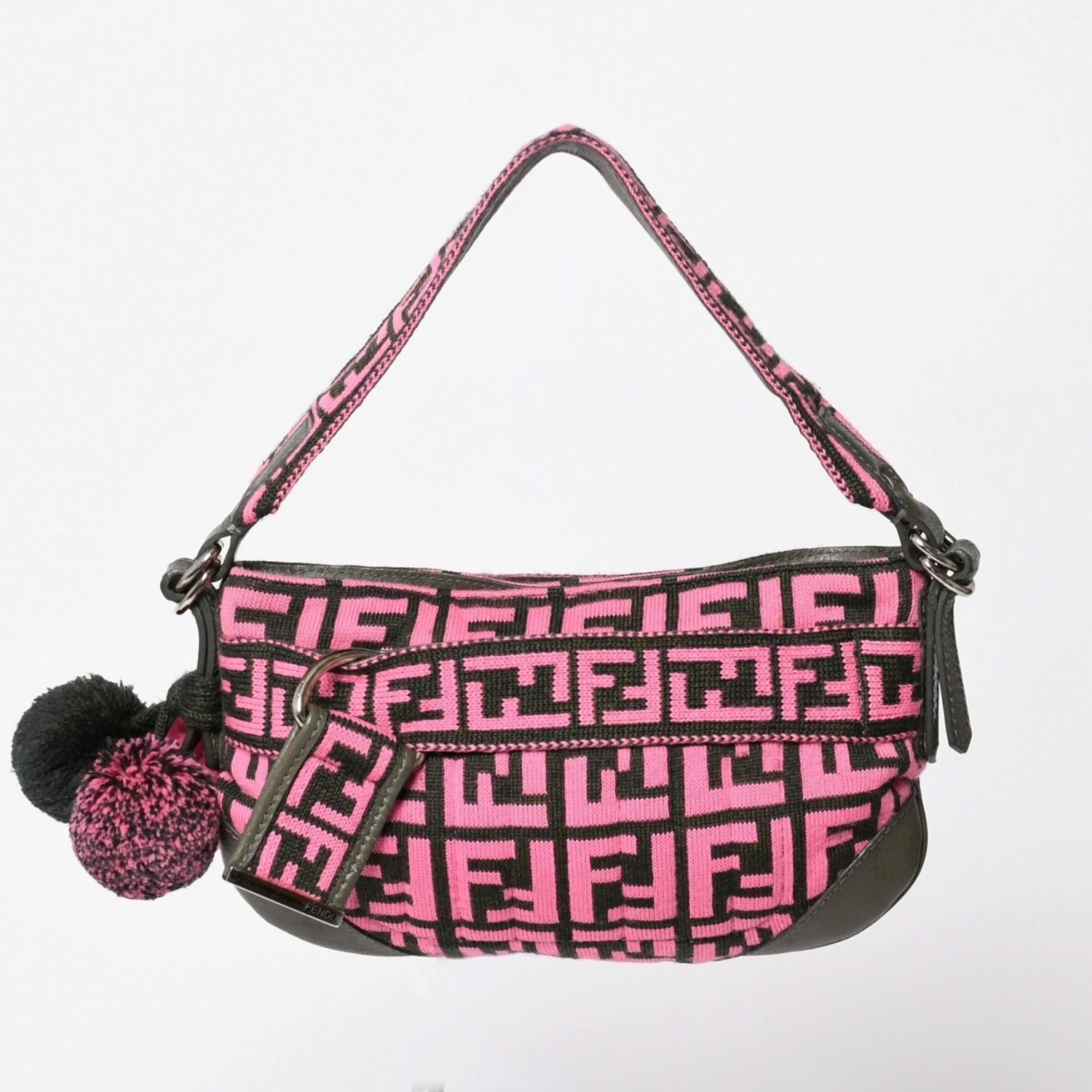 極美品 FENDI フェンディ ワンショルダーバッグ 8BR499 ズッカ柄 ニット レザー ピンク カーキ シルバー金具 中古 4a003367