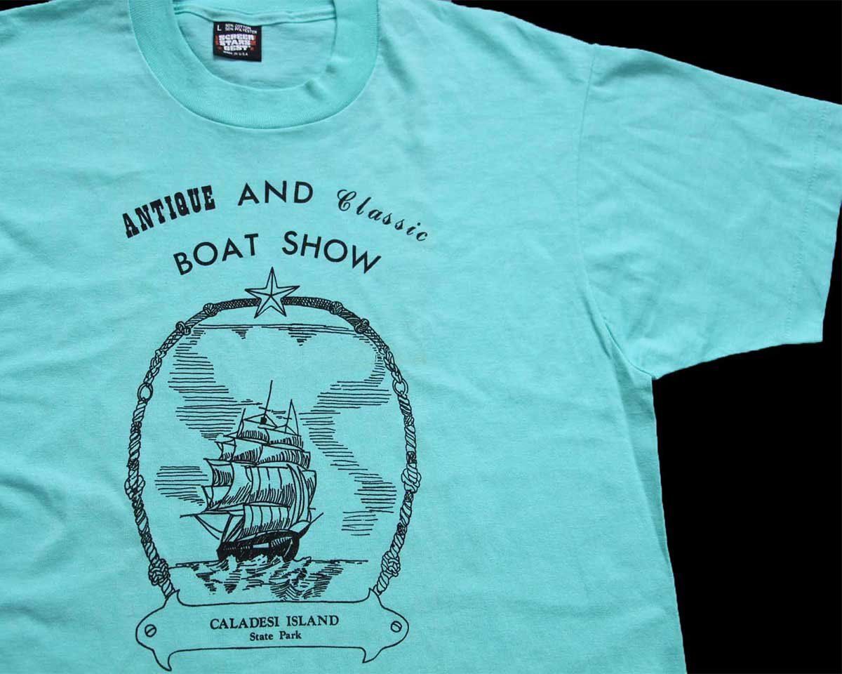 90s USA製 ANTIQUE AND Classic BOAT SHOW CALADESI ISLAND State Park 帆船 アート Tシャツ ティファニーブルー L★オールド ビンテージ