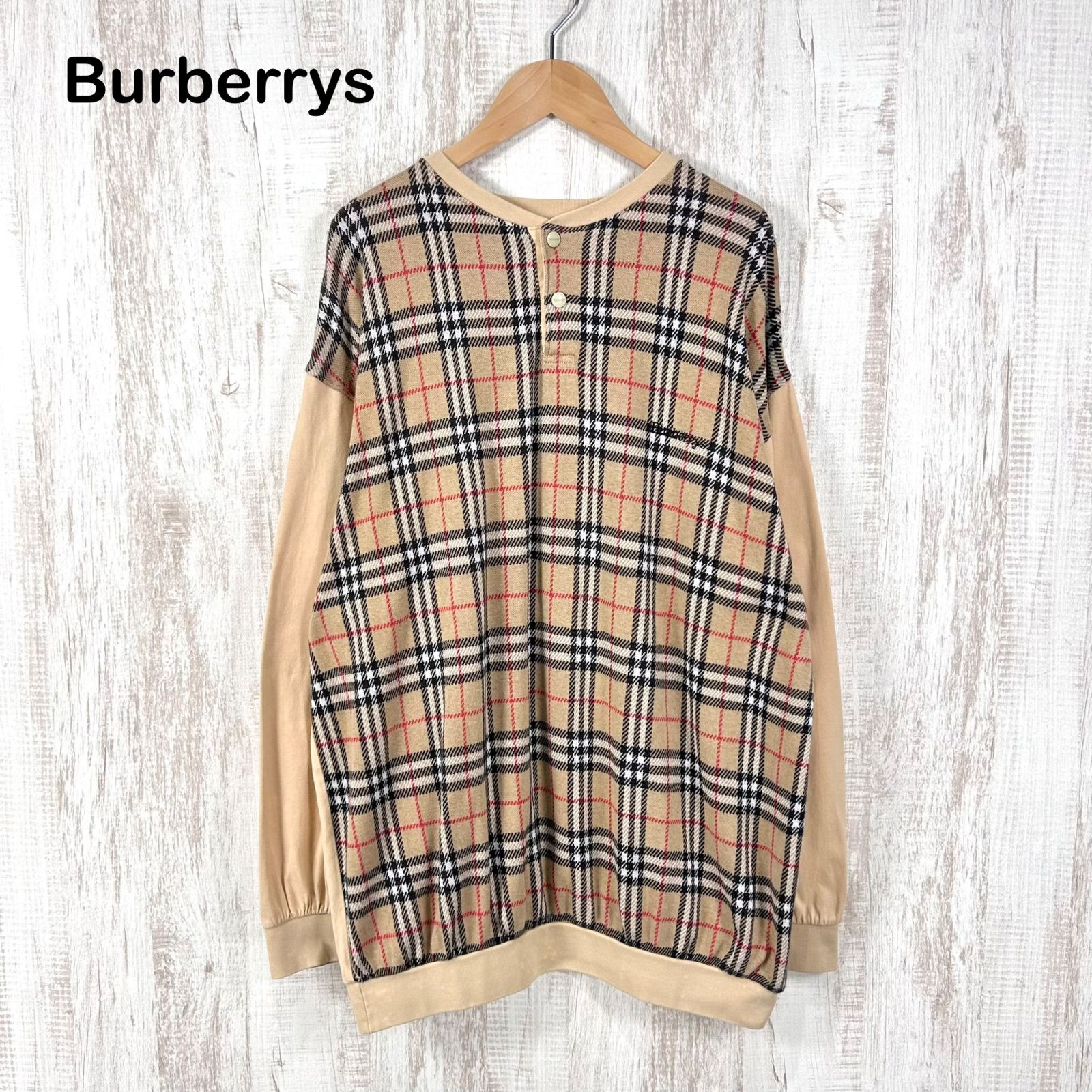 古着 90s Burberrys ヴィンテージ バーバリーズ ロゴ刺繡 ノバチェック 金ボタン カットソー ベージュ