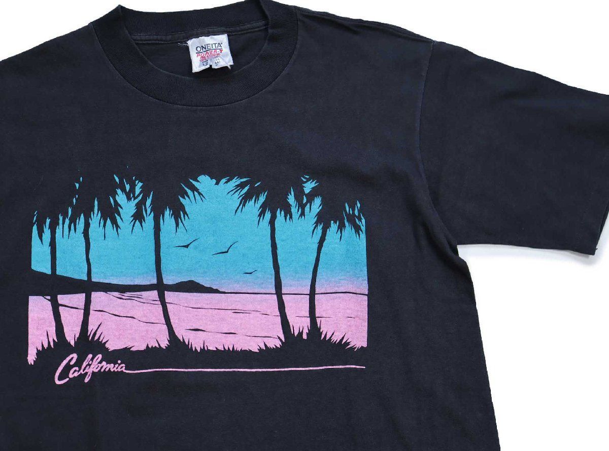 90s USA製 CALIFORNIA ヤシの木 ビーチ アート コットンTシャツ 黒 フェード L★オールド ビンテージ カリフォルニア サンセットv