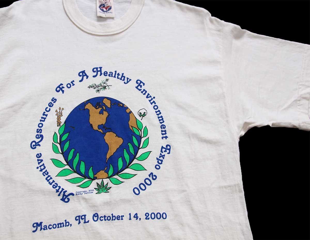 00s USA製 S.O.S. 地球 ガンジャ アート 協賛 両面プリント オーガニックコットンTシャツ 生成り L★オールド ナチュラル マリファナ