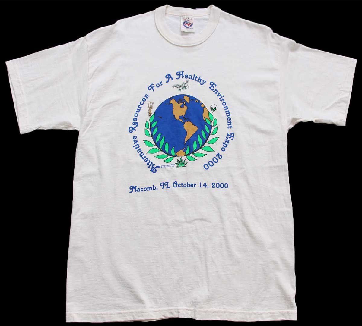 00s USA製 S.O.S. 地球 ガンジャ アート 協賛 両面プリント オーガニックコットンTシャツ 生成り L★オールド ナチュラル マリファナ