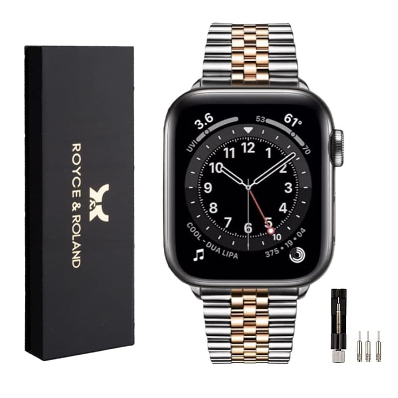 Royce&Roland Apple watch ジュビリーベルト コマ調整器付き おしゃれ アップルウォッチ 時計 バンド (ステンレス/シルバー) メンズ ギフト プレゼント (44mm 45mm 46mm 49mm, シルバー/ピンクゴールド)