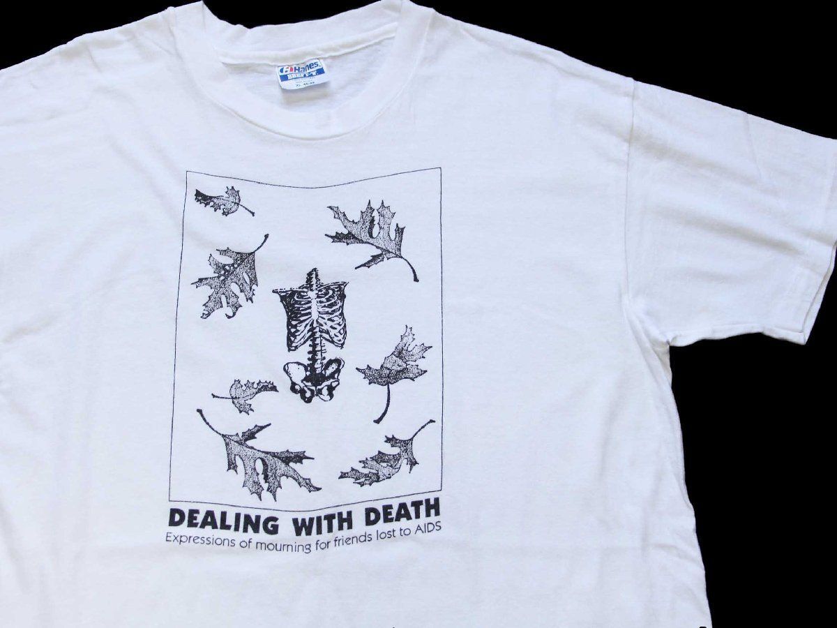90s USA製 Hanes DEALING WITH DEATH Expressions of mourning for friends lost to AIDS アート コットンTシャツ 白 XL★ビンテージ