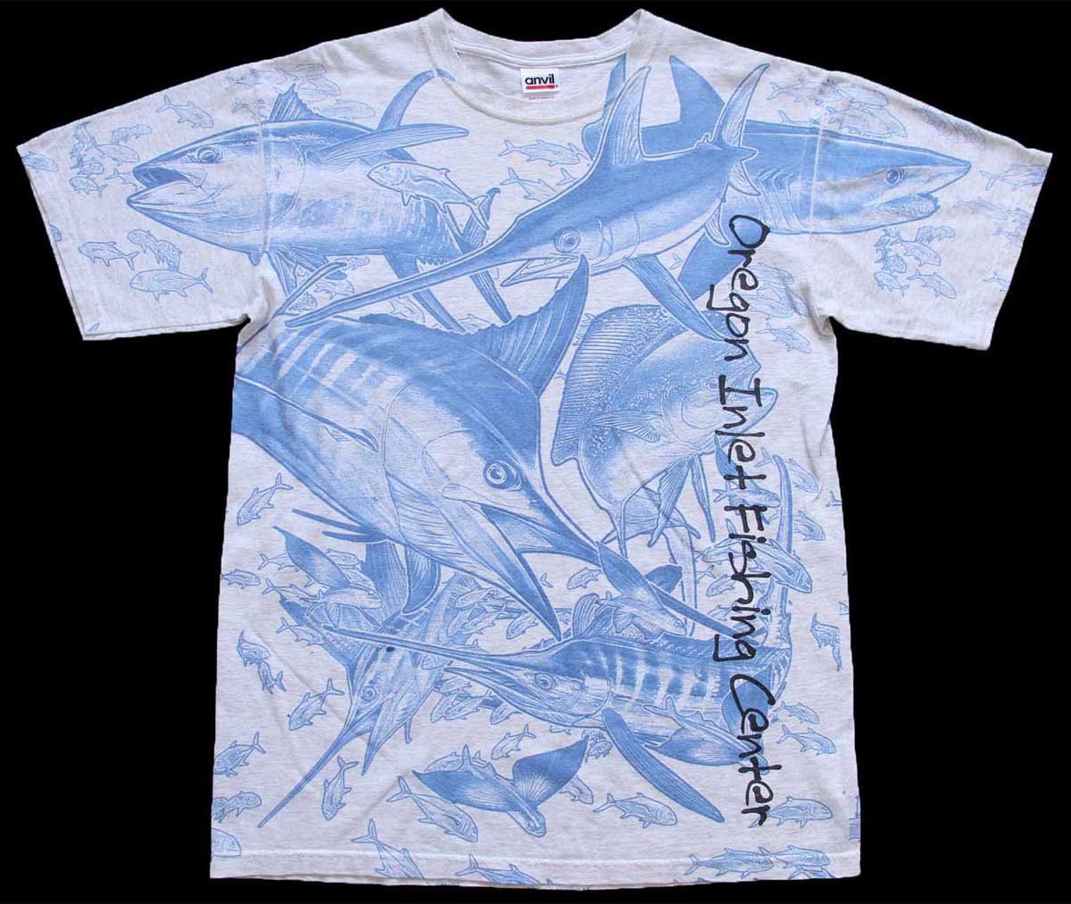 00s Oregon Inlet Fishing Center カジキ マグロ サメ アート オールオーバープリント コットンTシャツ 杢ライトグレー M★オールド 釣り