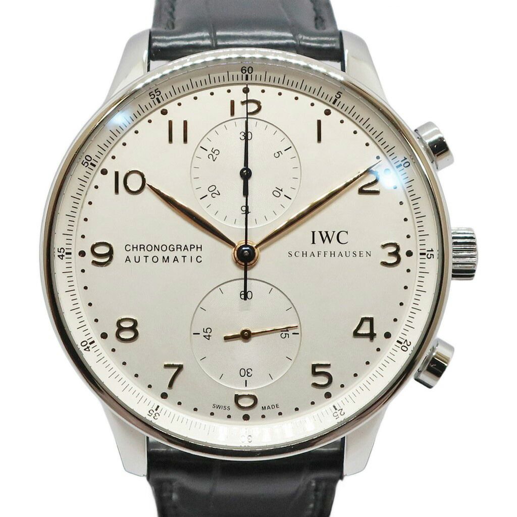 【天白】仕上済 IWC ポルトギーゼ クロノグラフ IW371445 シルバー SS レザー メンズ 自動巻き 腕時計 男