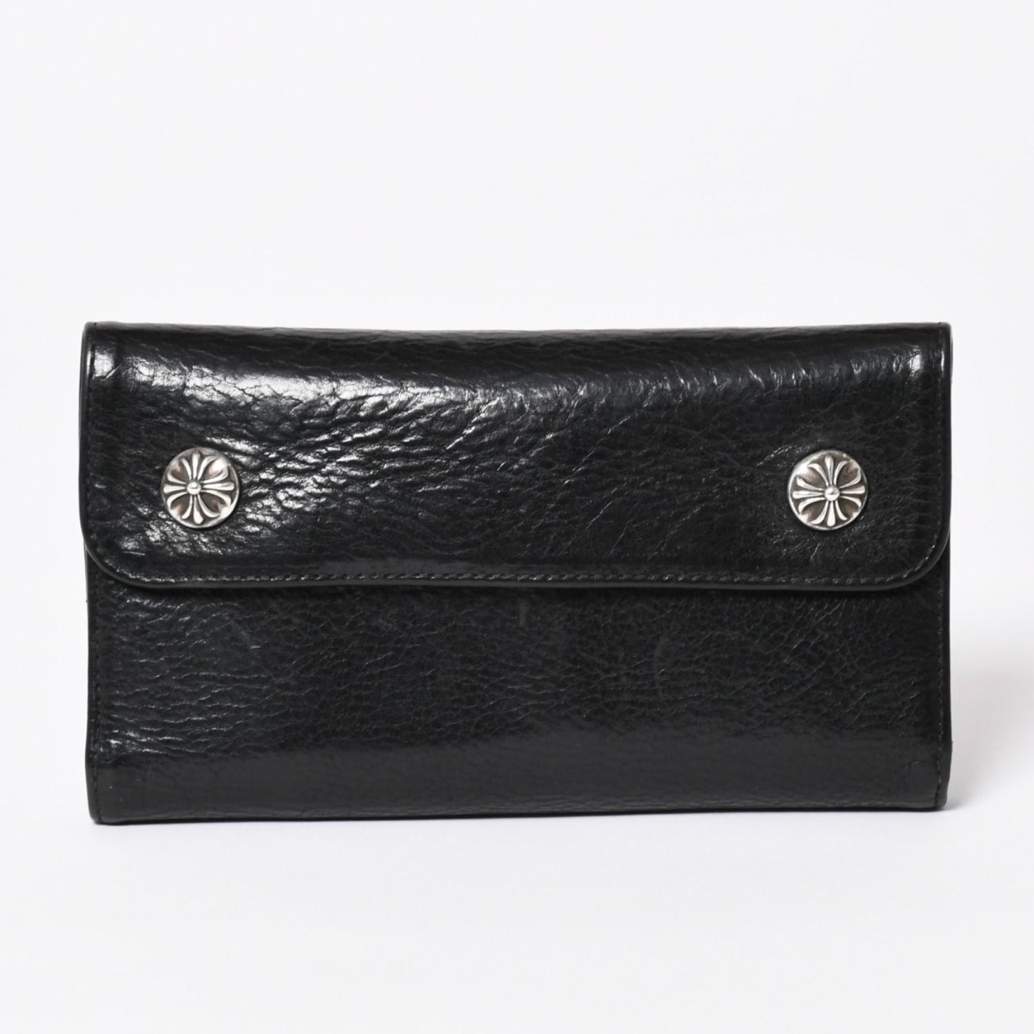 CHROME HEARTS クロムハーツ WAVE CROSS BALL ウェーブ クロスボールボタン レザーウォレット 長財布 ダガー ブラック 美品 中古 4a003559