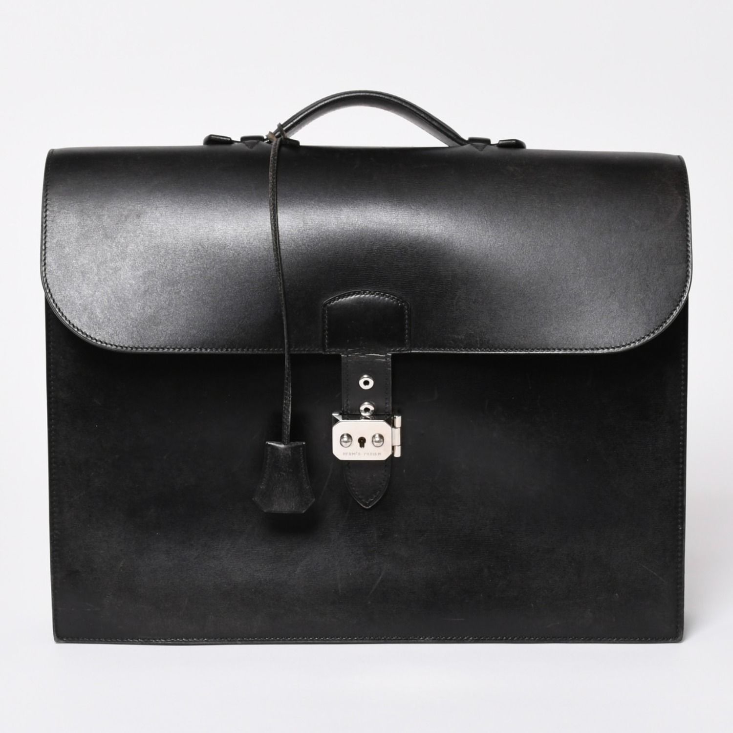 HERMES Hermes Sac Adepeche Briefcase Business Bag Black Silver Hardware B Engraved Leather Good Condition Used 4a003276