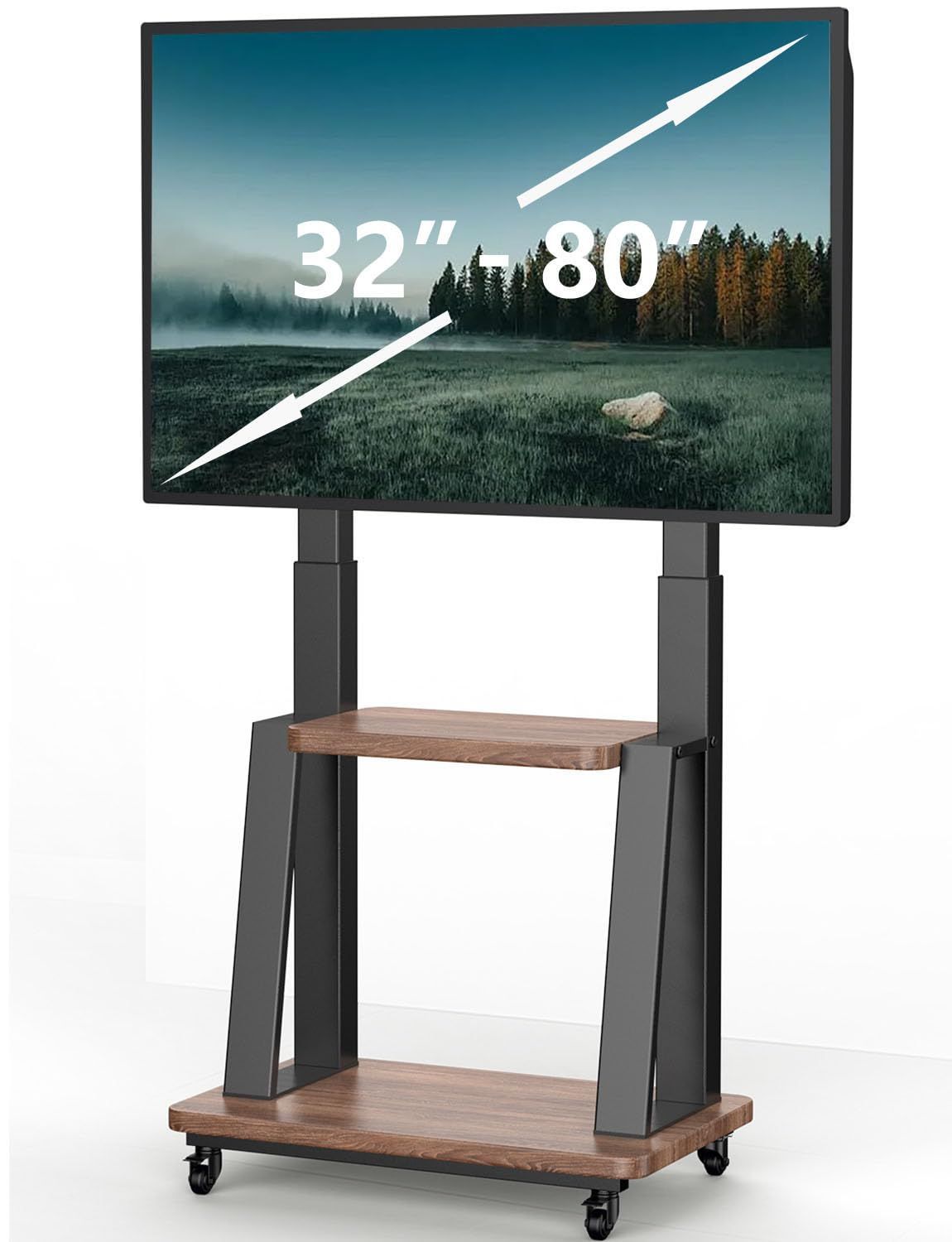 在庫処分 stand tv floor 棚板付きモニタースタンド自立式 耐荷重50kg テレビ台キャスター付き32~80インチ対応壁寄せテレビスタンドハイタイプ高さ調整可能移動式VESA200x200-600x400mm