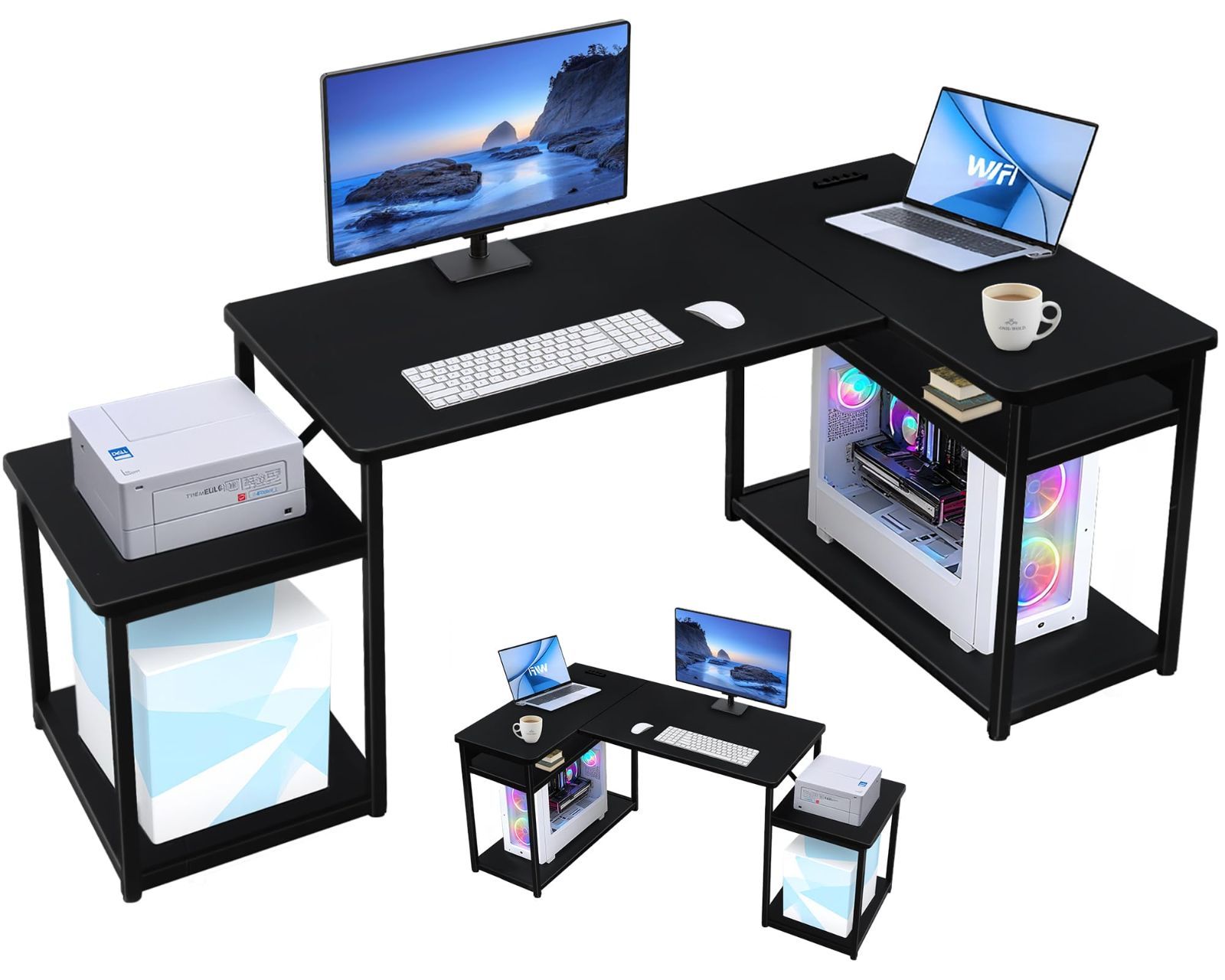 人気商品　（ブラック） 在宅勤務 PCデスク ワークデスク 作業机 学習机 ゲーミングデスク コンセント付き プリンター台付き 棚高さ調節可能 ラックつき コーナー机 幅150cm奥行80cm高さ73cm 左右組み換え可能 パソコンデスク L字デスク