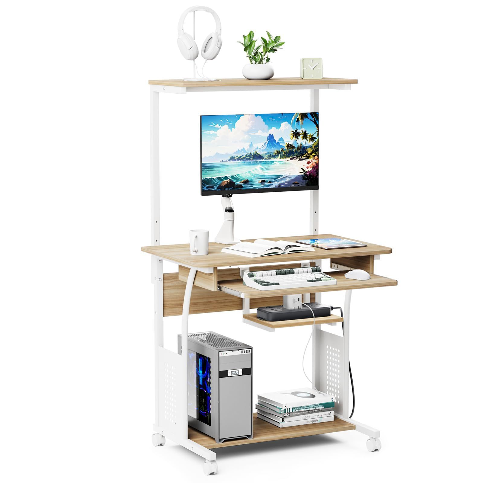 人気商品　DEWEL パソコンデスク 机 pcデスク パソコンラック 収納ラック付き 木製 テーブル 木目柄 キャスター キーボードテーブル付き PCラック 省スペース シンプル メラミン加工 ワークデスク学習机 80X50X135cm (ナチュラル+ホワイト