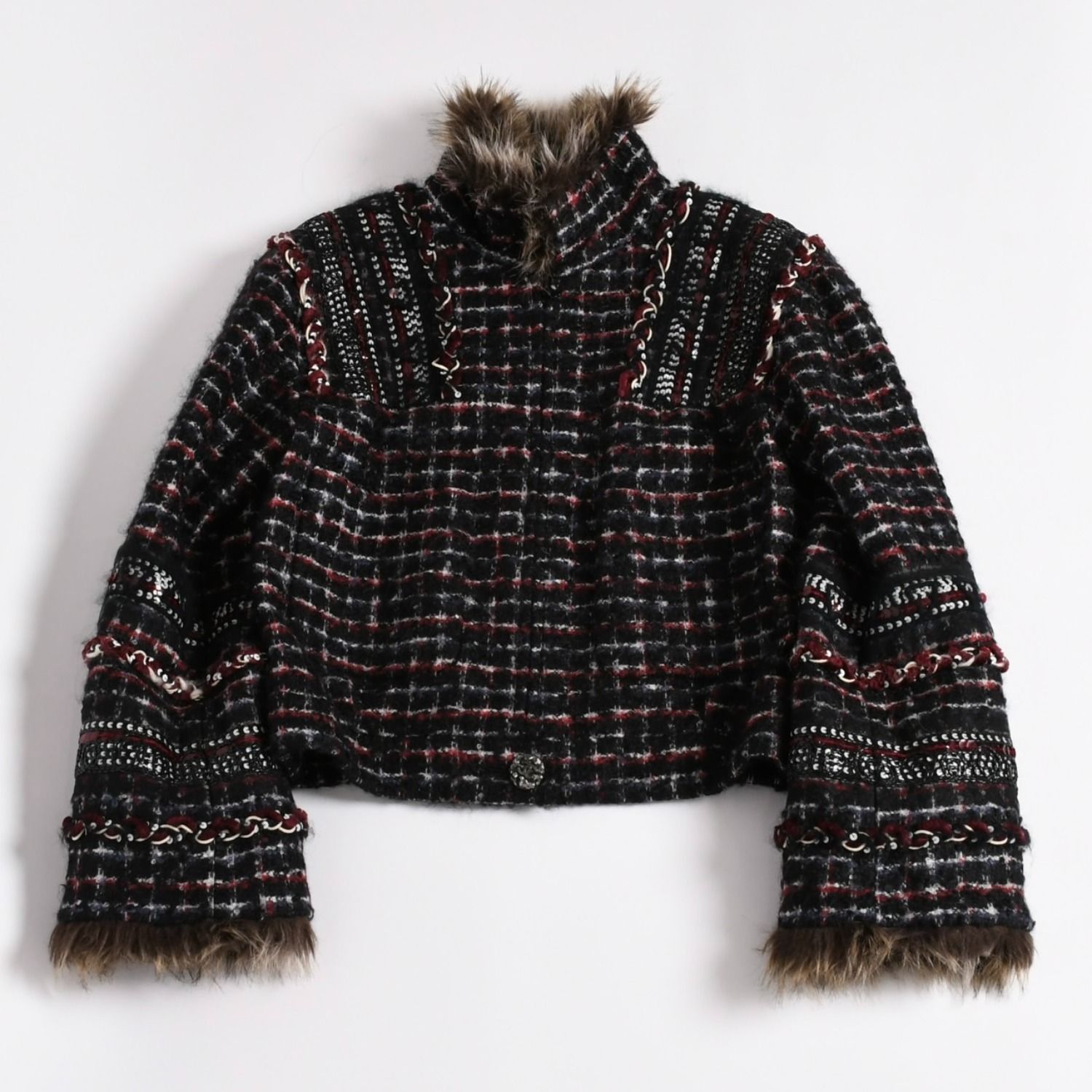 CHANEL シャネル ツイードジャケット P39534V28358 サイズ38 ココマーク フェイクファー ブラック マルチカラー 美品 中古 4a003305