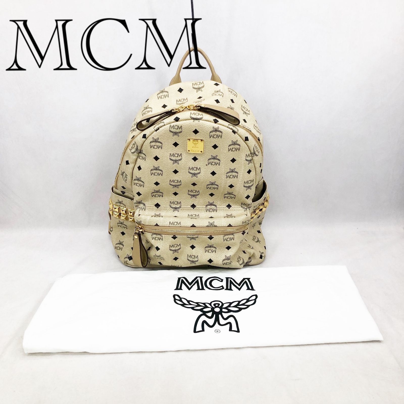 MCM エムシーエム ロゴプリント リュック バッグパック ベージュ ヴィセトス 保存袋付 ユニセックス 鞄 _219067